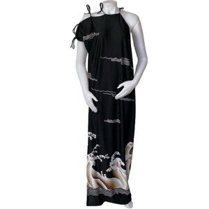 Kimono Style Long Black Dress Cold Shoulder Water Graphics Dress Size M